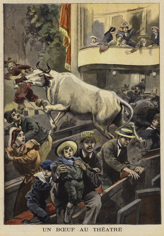Onderbreking van een theateruitvoering door een os, Villefranche-de-Lauragais, Frankrijk, 1897 door French School