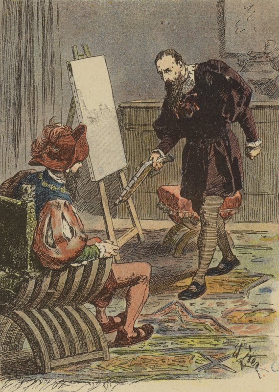 Italiaanse schilder Tintoretto nadert Pietro Aretino, gewapend met een pistool, om zijn maten op te nemen voor zijn portret door French School