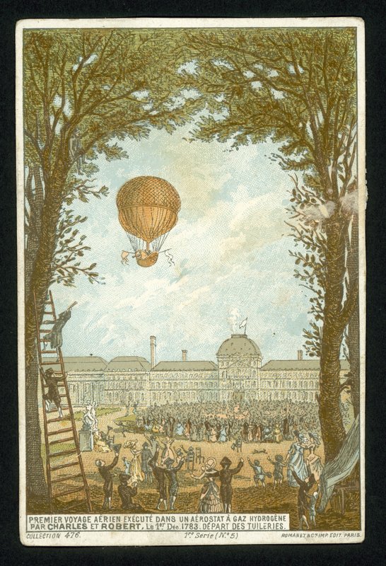 Jacques Charles en Marie-Noel Robert maken de eerste opstijging in een waterstofballon, Parijs, 1 december 1783 door French School