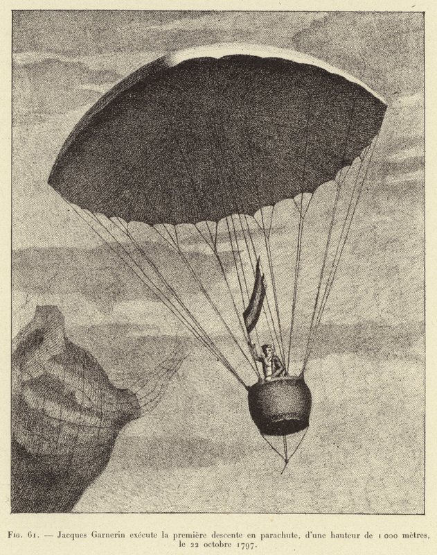Jacques Garnerin voert de eerste parachutesprong uit, vanaf een hoogte van 1000 meter, op 22 oktober 1797 door French School