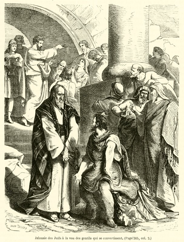 Jaloezie van de Joden bij het zien van de heidenen die zich bekeren (gravure) door French School