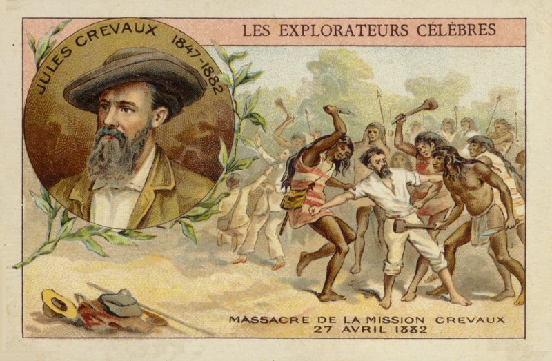 Jules Crevaux (1847-1882) aan de oevers van de Rio Pilcomayo in Argentinië op 27 april 1882 door French School