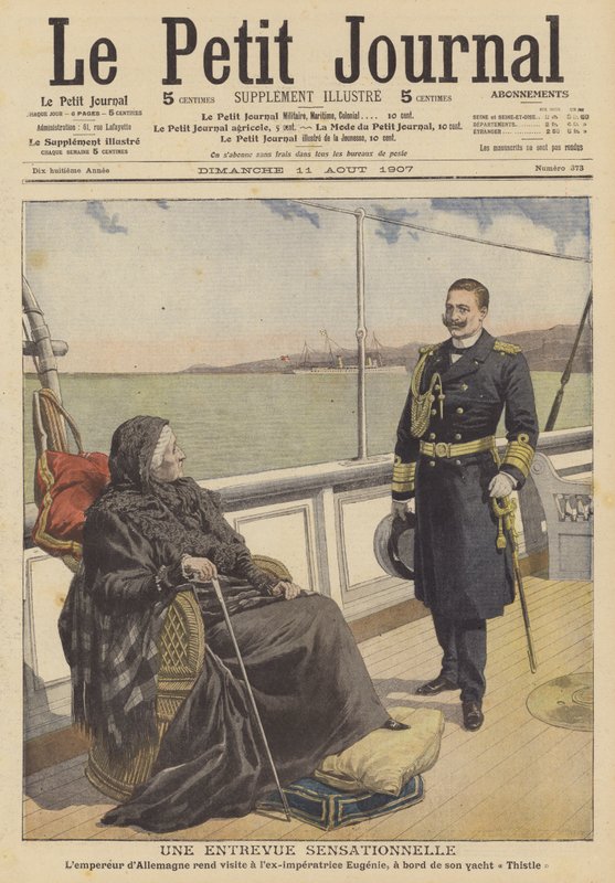 Kaiser Wilhelm II van Duitsland bezoekt ex-keizerin Eugenie, weduwe van Napoleon III van Frankrijk, op haar jacht Thistle door French School