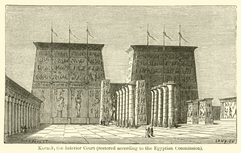 Karnak, de Binnenplaats, gerestaureerd volgens de Egyptische Commissie door French School