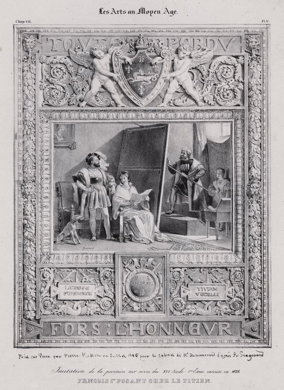 Koning Frans I van Frankrijk poseert voor zijn portret door de Italiaanse schilder Titian door French School