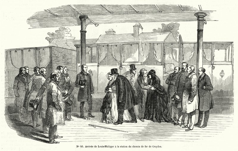 Koning Louis-Philippe van Frankrijk arriveert op het station van Croydon na gedwongen ballingschap, februari 1848 (gravure) door French School