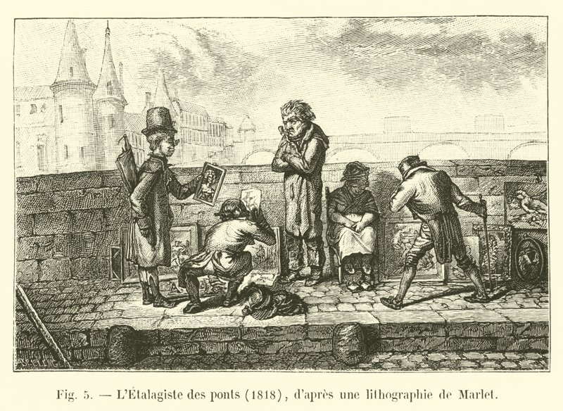 De etalagehouder van de bruggen, 1818, naar een lithografie van Marlet door French School
