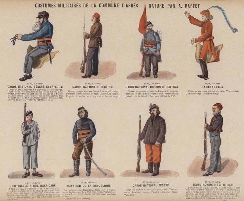 La Commune de Paris, Militaire Kostuums van de Commune door A Raffet (kleur litho) door French School