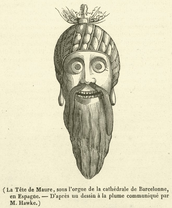 Het hoofd van de Moor, onder het orgel van de kathedraal van Barcelona, in Spanje (gravure) door French School