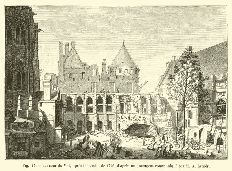 De Mai binnenplaats, na de brand van 1776, volgens een document gedeeld door M. A. Lenoir door French School