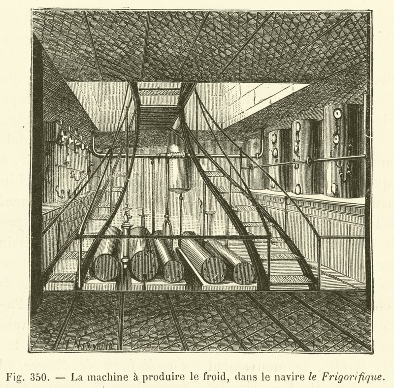 De machine om kou te produceren, in het schip de Frigorifique door French School
