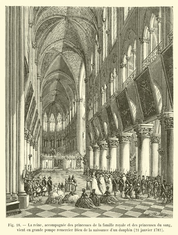 De koningin, vergezeld door prinsessen van de koninklijke familie en prinsessen van het bloed, komt in grote pracht God danken voor de geboorte van een dauphin, 21 januari 1782 door French School