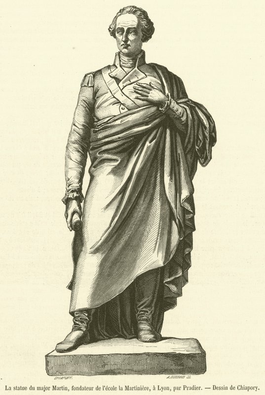 Het standbeeld van majoor Martin, oprichter van de school la Martiniere, in Lyon (gravure) door French School