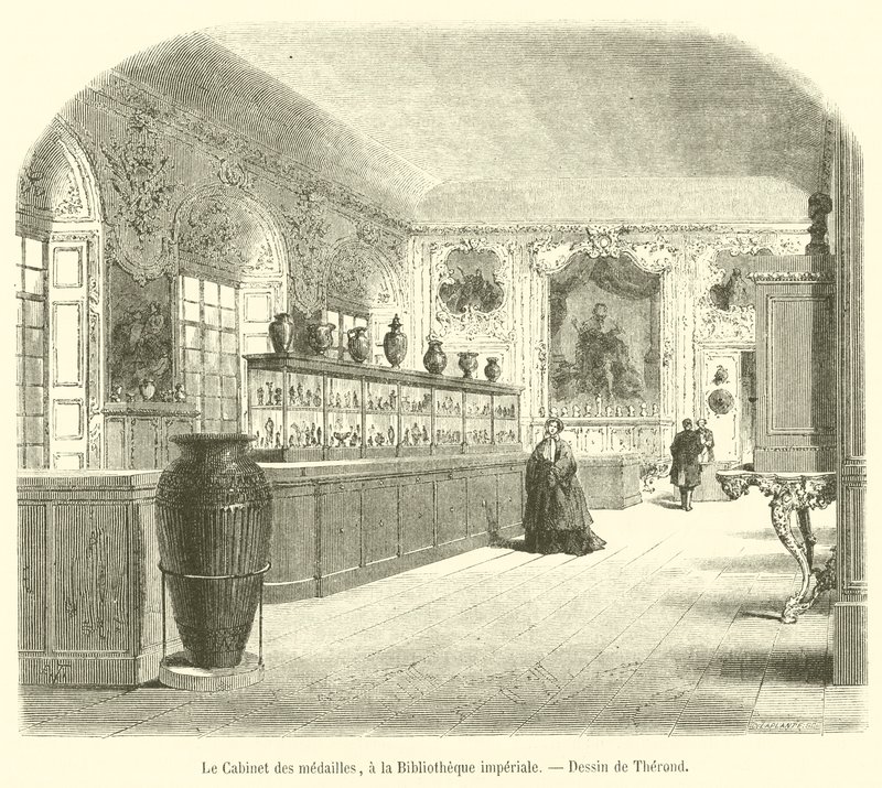 Het Kabinet van Medailles, in de Keizerlijke Bibliotheek (gravure) door French School