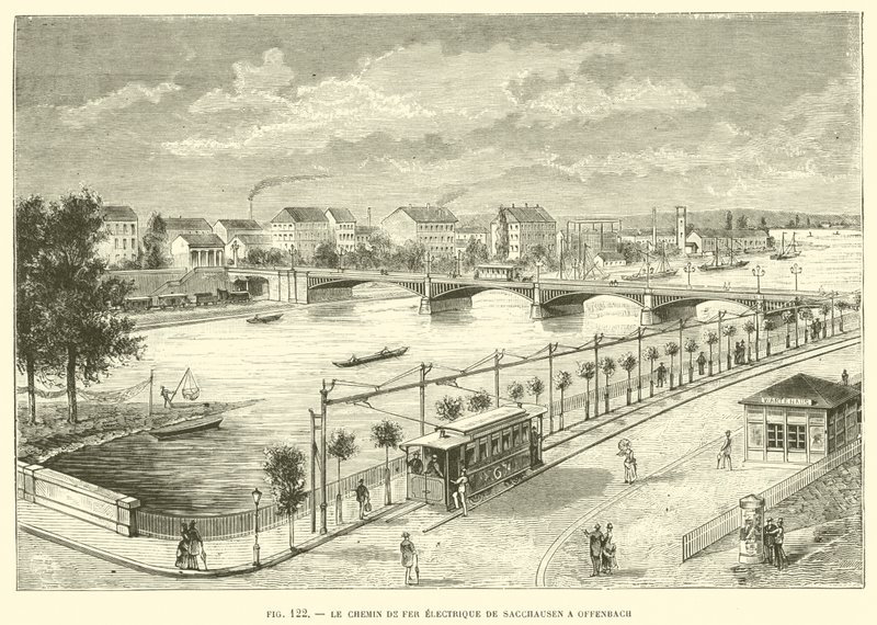 De elektrische spoorweg van Sacchausen naar Offenbach (gravure) door French School