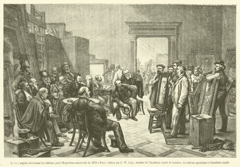 De Engelse jury kiest de schilderijen voor de Wereldtentoonstelling van 1878 in Parijs door French School