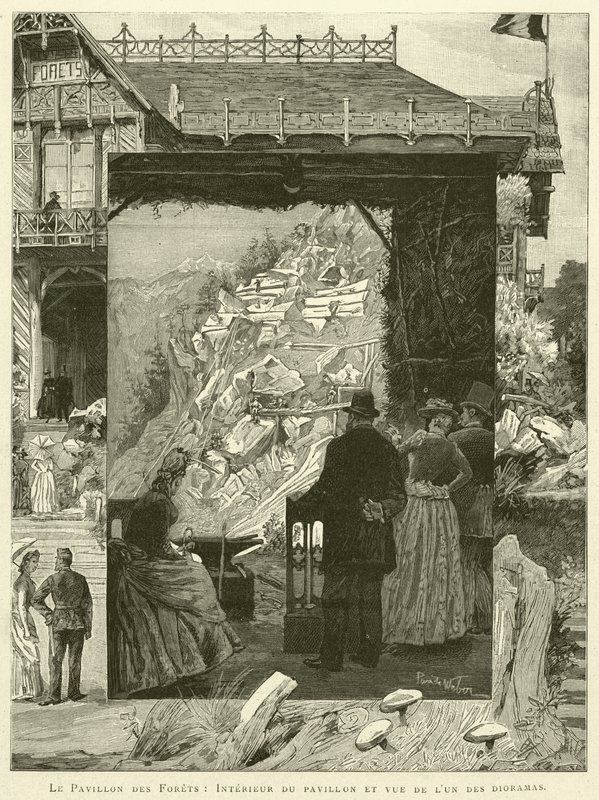 Het Paviljoen van de Bossen, interieur van het paviljoen en uitzicht op een van de diorama