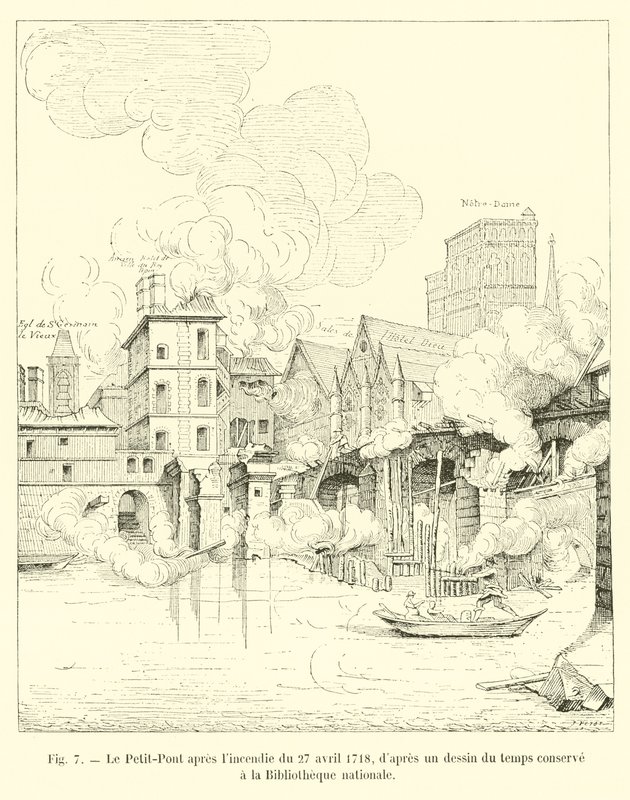 De Petit-Pont na de brand van 27 april 1718, naar een tekening uit die tijd bewaard in de Nationale Bibliotheek door French School