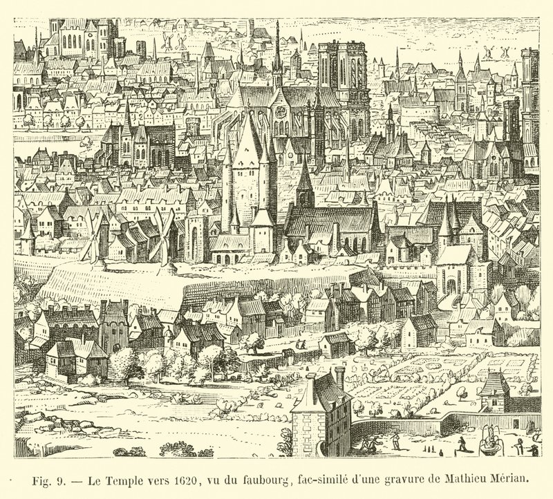 De Tempel rond 1620, gezien vanaf de voorstad, facsimile van een gravure van Mathieu Merian door French School