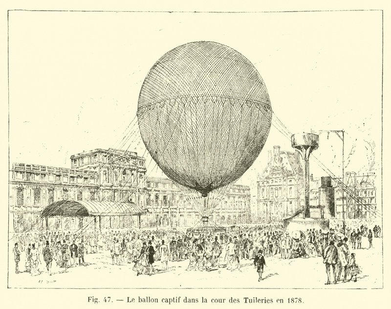 De gevangen ballon in de binnenplaats van de Tuilerieën in 1878 door French School