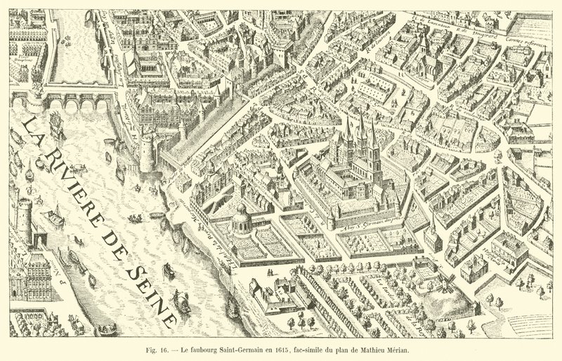 De voorstad Saint-Germain in 1615, fac-simile van het plan van Mathieu Merian door French School