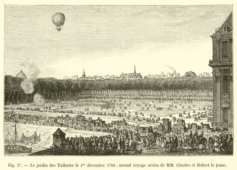 De tuin van de Tuilerieën op 1 december 1783, tweede luchtvaartreis van de heren Charles en Robert de jonge door French School