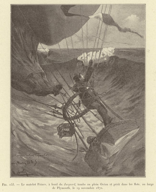 Matroos Prince, aan boord van de Jacquard, valt in volle oceaan en verdrinkt in de golven, voor de kust van Plymouth, 29 november 1870 door French School