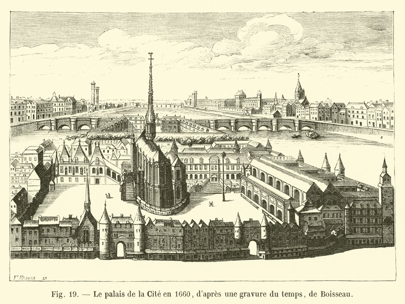 Het Paleis van de Stad in 1660, volgens een gravure uit die tijd, door Boisseau door French School