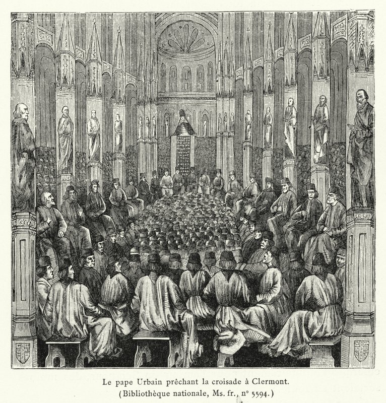 De paus Urbanus predikt de kruistocht in Clermont (gravure) door French School