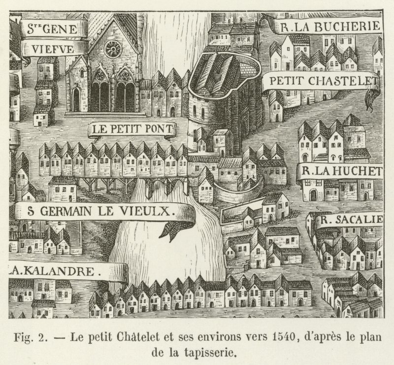 Het kleine Chatelet en zijn omgeving rond 1540, naar het plan van het wandtapijt door French School