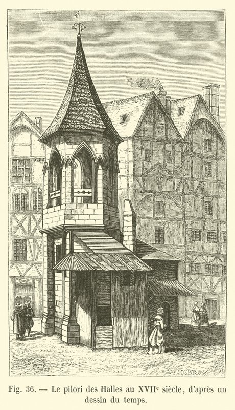 Schandpaal van de Hallen in de 17e eeuw, naar een tekening uit die tijd door French School