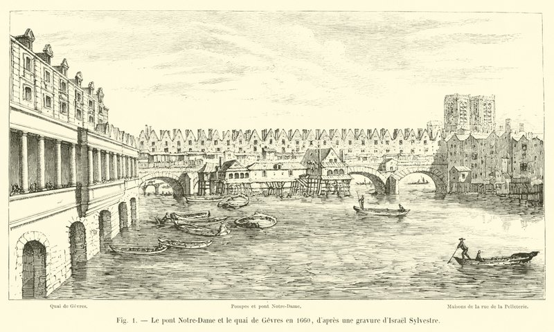 De Pont Notre-Dame en de Quai de Gesvres in 1660, naar een gravure van Israël Sylvestre door French School