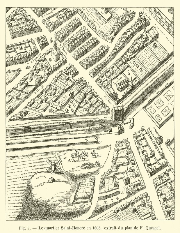 De wijk Saint-Honoré in 1608, uit het plan van F Quesnel door French School