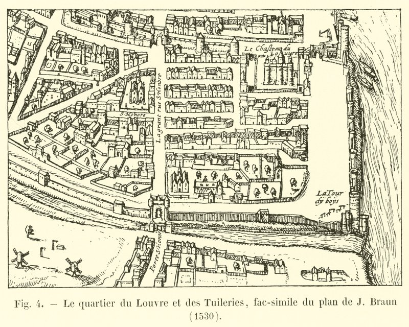 De wijk van het Louvre en de Tuilerieën, facsimile van het plan van J Braun, 1530 door French School