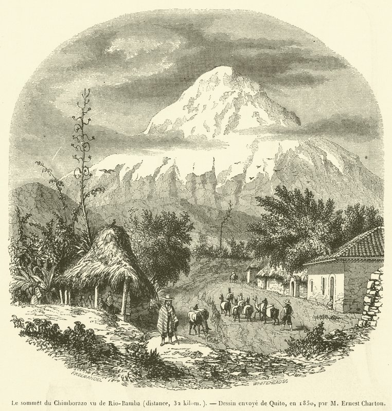 De top van de Chimborazo gezien vanaf Rio-Bamba, afstand, 32 kilometer door French School