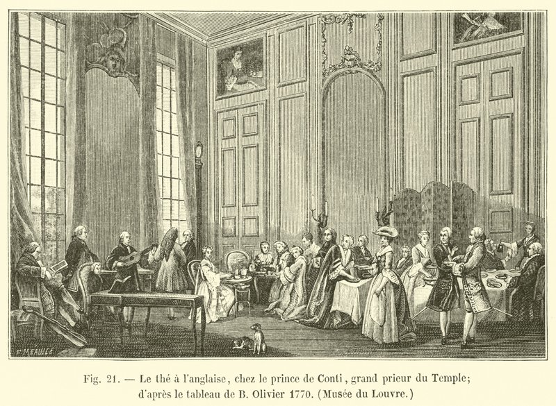Thee op Engelse wijze, bij de prins van Conti, grootprior van de Tempel; naar het schilderij van B Olivier 1770, Louvre Museum door French School