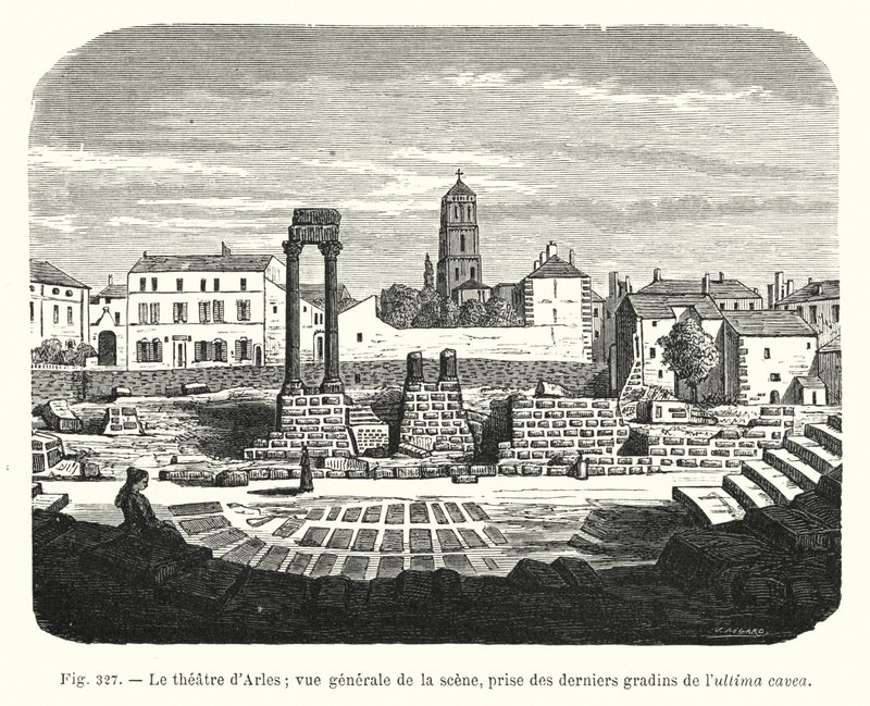 Het theater van Arles; algemeen zicht op het podium, genomen vanaf de laatste rijen van de ultima cavea door French School