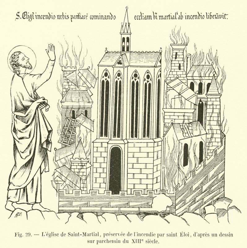 De kerk van Saint-Martial, gered van brand door Saint Eloi, naar een tekening op perkament uit de 13e eeuw door French School