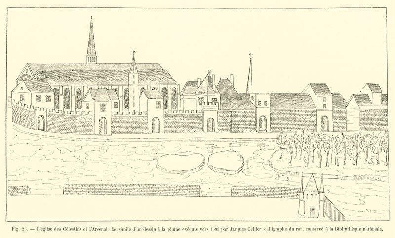 De kerk van de Celestijnen en het Arsenaal, facsimile van een pentekening gemaakt rond 1583 door Jacques Cellier, kalligraaf van de koning, bewaard in de Nationale Bibliotheek door French School