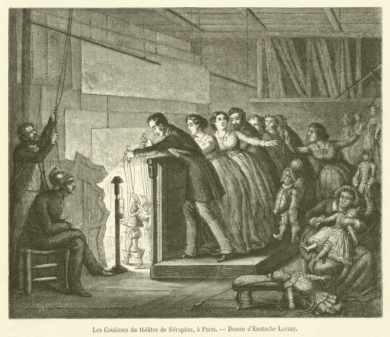 De coulissen van het Seraphin-theater, in Parijs door French School