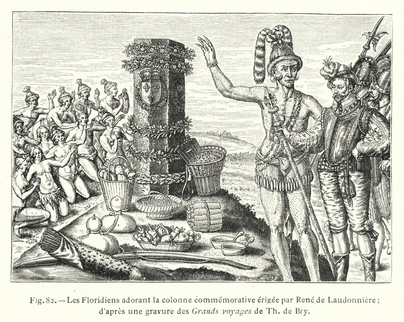 De Floridianen aanbidden de herdenkingszuil opgericht door René de Laudonnière; naar een gravure uit de Grote reizen van Th de Bry (gravure) door French School
