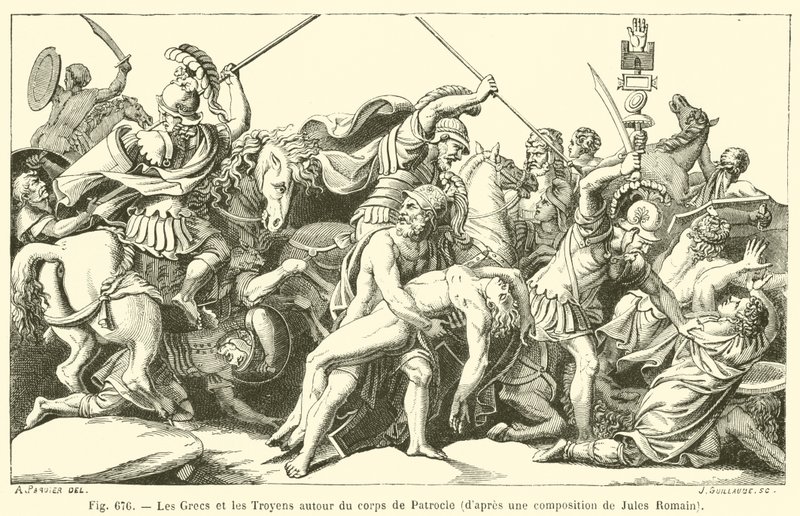 De Grieken en de Trojanen rond het lichaam van Patroclus door French School