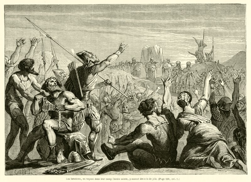 De Israëlieten juichen bij het zien van de heilige ark in hun kamp (gravure) door French School