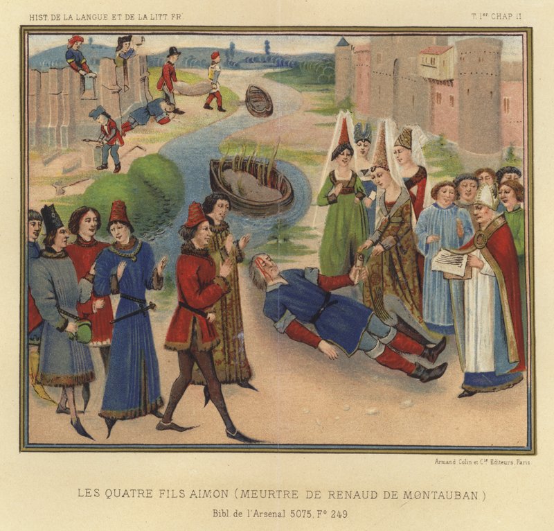 De vier zonen van Aimon, moord op Renaud de Montauban (kleur litho) door French School