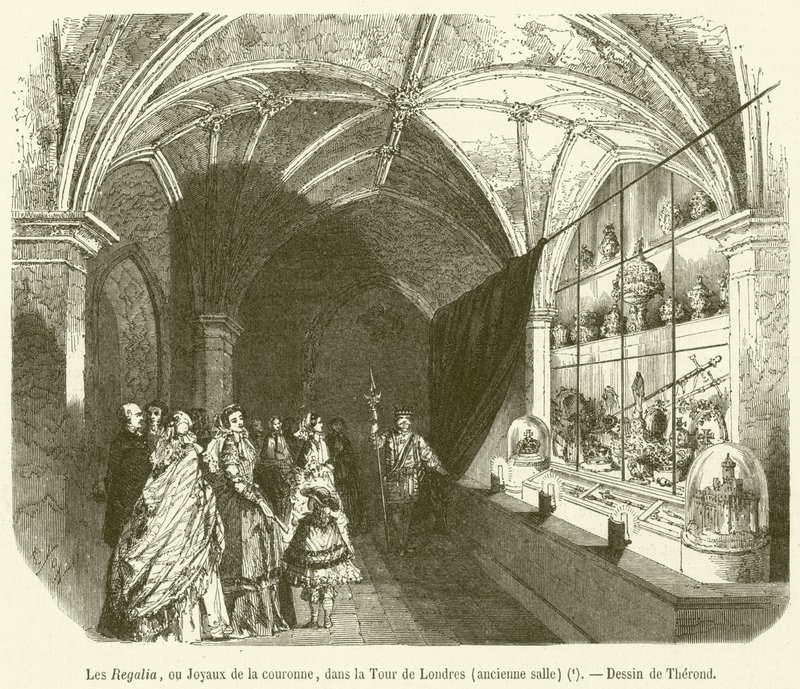 De Regalia, of Kroonjuwelen, in de Tower of London, oude zaal door French School