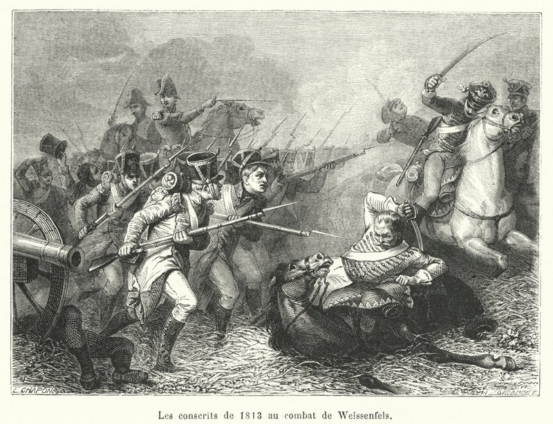 De dienstplichtigen van 1813 in de slag bij Weissenfels door French School
