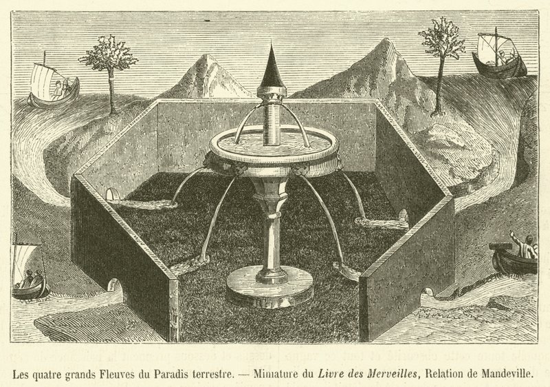 De vier grote Rivieren van het Aards Paradijs, Miniatuur uit het Boek der Wonderen, Relatie van Mandeville door French School