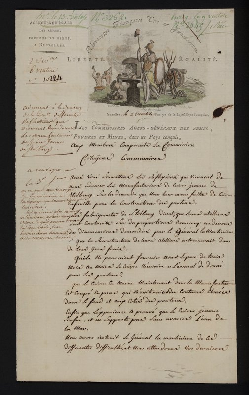 Brief van het Agence Generale des Armes, Poudres et Mines, Brussel, na de annexatie van de Zuidelijke Nederlanden door Frankrijk door French School