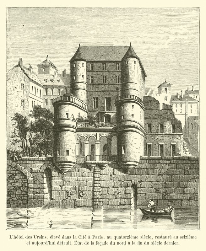 Het Ursins Hotel, gebouwd in de stad Parijs, in de 14e eeuw, gerestaureerd in de 16e eeuw en nu vernietigd, toestand van de noordgevel aan het einde van de vorige eeuw door French School