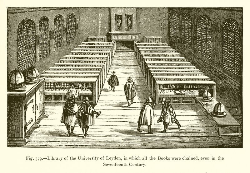 Bibliotheek van de Universiteit van Leiden, waarin alle boeken waren vastgeketend, zelfs in de zeventiende eeuw door French School